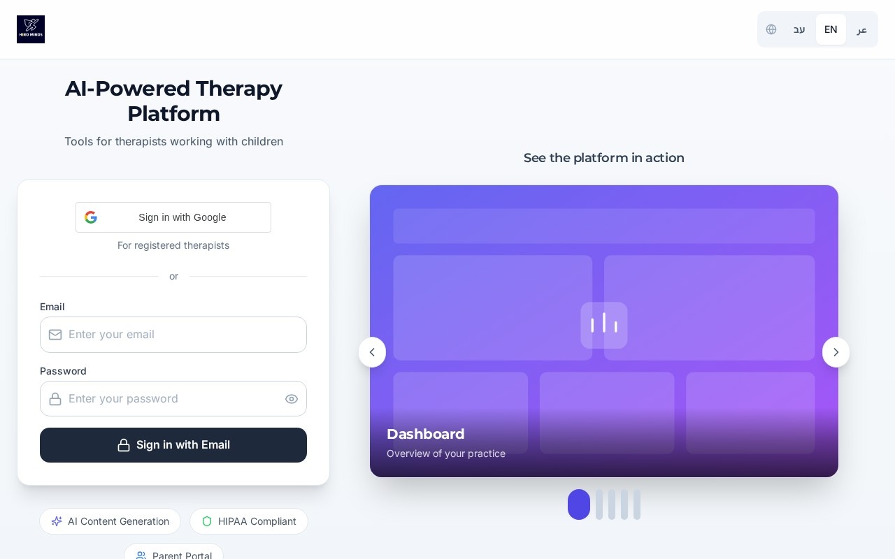 HIRO MINDS Therapists Platform — live product screenshot